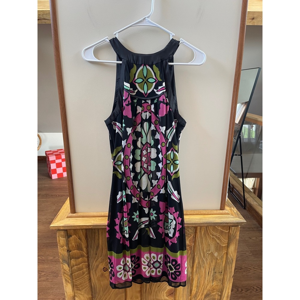 Nicole Miller Halter Mini Dress Womens 6 Black Pink Green Floral Mesh